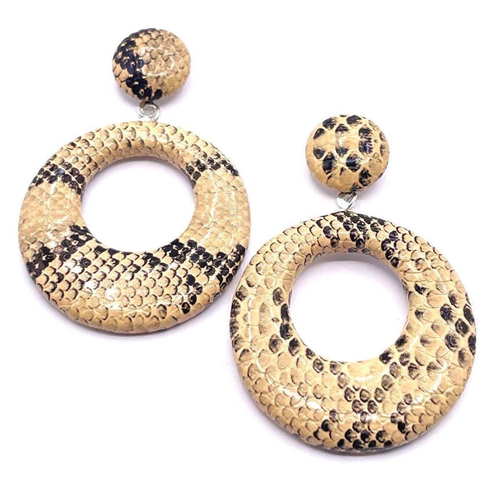 Beige and Black Faux Snakeskin Print Round Dangling Drop Post Back Earrings